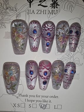 Glitter Pink Floral Press-On Nails with Blue Gem Accents